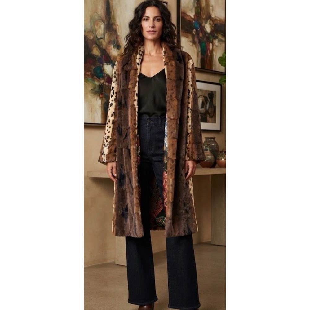 Johnny Was Workshop Faux Fur Coat Womens Med Brown Silk Lined Patchwork Mob Wife